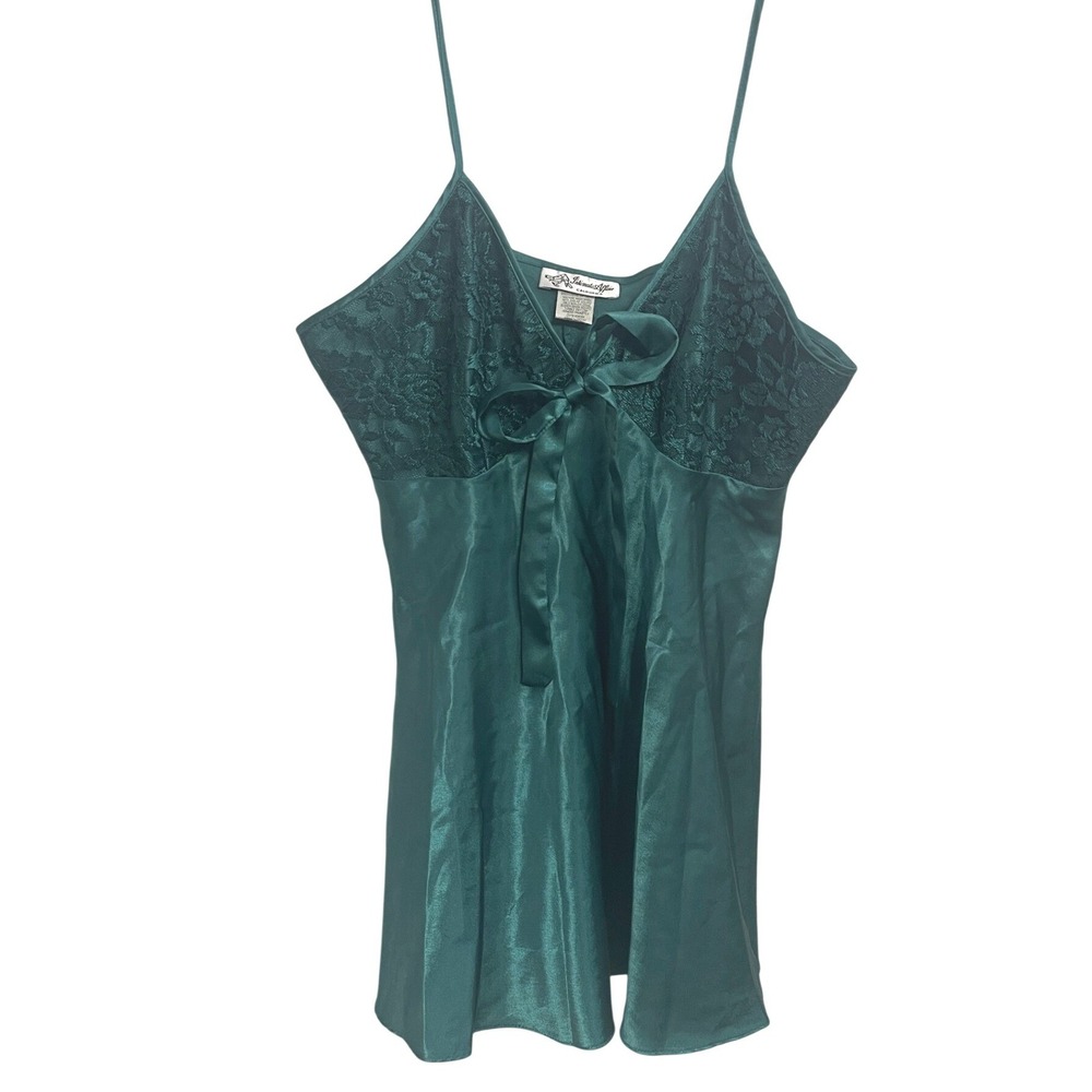 Vintage 90s Green Satin Lace Camisole Bow Tank Top Bow Coquette Fairy Grunge‎ M